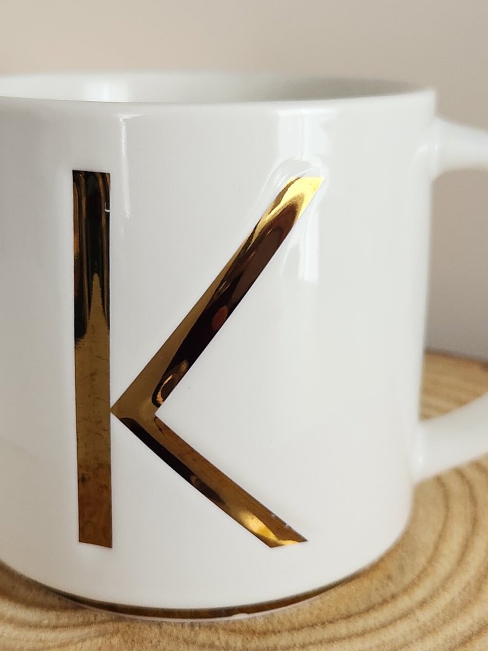 Williams Sonoma Monogram "K" Ceramic White Gold Coffee Cup Mug